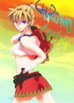  a_zumi_anzu back bad_id bandages beads belt blonde_hair blue_eyes braid breasts chrono_cross crop_top facial_mark gloves hand_on_hip jewelry kid_(chrono_cross) looking_back midriff miniskirt necklace no_bra skirt smile solo sunset torn_clothes underboob 