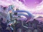  detached_sleeves hatsune_miku headphones hikiyama_towa long_hair microphone miniskirt necktie paper_airplane sitting skirt sky tetrapod thigh-highs thighhighs towa twintails vocaloid water zettai_ryouiki 