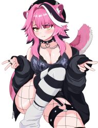  1girl absurdres alternate_costume animal_ears bare_shoulders beret black_skirt black_tank_top bra bra_peek breasts chain choker fishnets garter_straps goth_fashion hat highres large_breasts orbsu pink_hair raora_panthera skirt tank_top thigh-highs underwear yellow_eyes 
