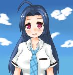  blush idolmaster kagami_yuu long_hair miura_azusa necktie red_eyes rough_time_school school_uniform smile 