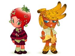  2girls baggy_socks banana blonde_hair cardigan dark-skinned_female dark_skin earrings food freckles fruit ganguro gyaru hair_ornament hairclip highres hoop_earrings jewelry kogal makeup manba_gyaru multiple_girls necktie original pink_lips plaid_clothes plaid_skirt red_hair school_uniform skirt strawberry thick_lips toon_(style) zegaldubu 