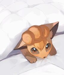  absurdres animal_focus blanket brown_eyes commentary_request highres hokaimo_pkmn looking_at_viewer lying no_humans orange_hair pokemon pokemon_(creature) solo twitter_username vulpix 