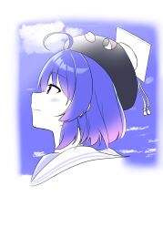  1girl ahoge alternate_hairstyle animal_hat black_hat blue_eyes blue_hair blue_sky blue_theme blunt_bangs border chaakusu closed_mouth clouds commentary_request cropped_head eel_hat fading_border flat_color from_side gradient_hair hair_between_eyes hat highres looking_ahead mortarboard multicolored_hair otomachi_una otomachi_una_(talkex) profile sailor_collar short_hair sky smile solo talkex voiceroid 