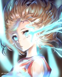  1girl brown_hair commentary_request electricity electrokinesis glowing glowing_eyes guzangnanfeng gym_shirt highres looking_at_viewer misaka_mikoto misaka_mikoto_level_6_shift open_mouth school_emblem shirt short_hair simple_background sleeveless sleeveless_shirt solo toaru_kagaku_no_railgun toaru_kagaku_no_railgun_t toaru_majutsu_no_index tokiwadai_school_gym_uniform upper_body white_shirt 