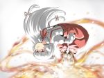  backflip fire fujiwara_no_mokou hands_in_pockets highres long_hair ribbon ribbons silver_hair somersault suspenders touhou tsuki_wani upside-down 