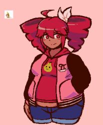 blush denim denim_shorts drill_hair fat hair_ribbon hand_in_pocket hood hoodie kasane_teto light_smile non-web_source pearto print_shirt red_eyes red_hair ribbon shirt shorts simple_background splatoon_hater synthesizer_v tan twin_drills twintails utau