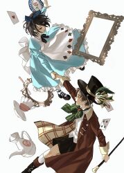  1boy 1girl absurdres alice_(alice_in_wonderland) alice_(alice_in_wonderland)_(cosplay) apron aqua_dress black_boots black_hair black_shoes black_shorts blue_ribbon boots bow bowtie brown_coat brown_hair card coat collared_shirt cosplay cup dress empty_picture_frame eren_yeager falling green_bow green_bowtie hair_between_eyes hair_ribbon hat highres holding_hands juliet_sleeves long_sleeves mad_hatter_(alice_in_wonderland) mad_hatter_(alice_in_wonderland)_(cosplay) mary_janes mikasa_ackerman open_mouth pantyhose picture_frame playing_card puffy_sleeves ribbon saucer shingeki_no_kyojin shirt shoes short_hair shorts smile teacup teapot top_hat user_yaky5455 white_apron white_background white_pantyhose white_shirt 