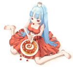  blue_hair cake dress food fruit king_of_fighters kula_diamond long_hair pastry red_eyes sitting skinny snk strawberry wariza 