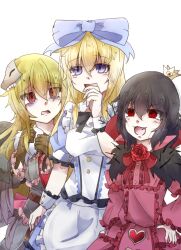  3girls :d alice_(black_souls) bags_under_eyes black_souls black_souls_2 black_wings blonde_hair blue_bow blue_eyes bow commentary_request crown dress edith_(black_souls) fang feathered_wings flower hair_bow hair_ornament hand_on_own_hip kurobane444 long_sleeves looking_at_another lorina_(black_souls) mini_crown multiple_girls open_mouth red_dress red_eyes red_flower red_rose rose simple_background smile white_background wings wrist_cuffs 