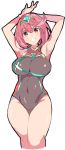  1girl arms_up bangs breasts commentary_request competition_swimsuit covered_navel enpe hair_ornament headpiece highres pyra_(xenoblade) jewelry large_breasts looking_at_viewer nintendo one-piece_swimsuit open_mouth pose red_eyes redhead short_hair sidelocks simple_background sketch smile solo swept_bangs swimsuit tiara white_background xenoblade_(series) xenoblade_2 