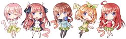  &gt;_o 5girls :&lt; ;d ahoge bangs black_footwear black_legwear black_ribbon blazer blue_cardigan blue_eyes blue_jacket blush bow brown_hair cardigan cardigan_around_waist chibi closed_mouth clothes_around_waist collared_shirt commentary_request dress_shirt eyebrows_visible_through_hair go-toubun_no_hanayome green_bow green_hairband green_ribbon green_skirt hair_between_eyes hair_ornament hair_ribbon hairband headphones headphones_around_neck highres jacket light_brown_hair long_hair long_sleeves multiple_girls nakano_ichika nakano_itsuki nakano_miku nakano_nino nakano_yotsuba one_eye_closed open_blazer open_clothes open_jacket open_mouth outstretched_arm pantyhose parted_lips pink_hair plaid plaid_bow pleated_skirt pointing redhead ribbon school_uniform shiro_kuma_shake shirt short_sleeves siblings simple_background sisters skirt smile socks standing star star_hair_ornament sweater_vest thigh-highs two_side_up v-shaped_eyebrows very_long_hair white_background white_legwear white_shirt yellow_cardigan 