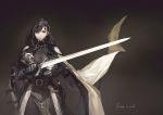  1girl armor belt black_background black_eyes black_hair cape cowboy_shot gauntlets gloves highres holding holding_sword holding_weapon jun_(seojh1029) long_hair looking_at_viewer original scabbard sheath simple_background solo standing sword weapon 
