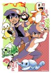  2boys absurdres ball baseball_cap belt buckle bulbasaur charmander checkered checkered_background commentary creatures_(company) emcee english_commentary english_text fangs fiery_tail fire flame full_body game_freak gen_1_pokemon hat highres holding holding_ball holding_poke_ball jewelry long_sleeves looking_at_viewer male_focus multiple_boys multiple_monochrome nintendo ookido_green pants parody pendant pikachu poke_ball poke_ball_(generic) pokemon pokemon_trainer red_(pokemon) shoes short_sleeves signature spiky_hair squirtle style_parody tail 