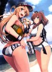  2girls :d absurdres ass bag baseball_cap beach bikini blonde_hair blue_eyes bracelet breasts brown_hair cleavage clouds cloudy_sky day dog dutch_angle eyebrows_visible_through_hair hair_between_eyes hat highres iowa_(kantai_collection) jewelry kantai_collection large_breasts long_hair multiple_girls navel open_mouth outdoors ponytail saratoga_(kantai_collection) scan shizuma_yoshinori shoulder_bag sidelocks sky smile star star-shaped_pupils swimsuit symbol-shaped_pupils white_bikini wristband 