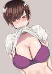  1girl absurdres bra breasts brown_eyes brown_hair cleavage dutch_angle earrings grey_background highres jewelry large_breasts looking_at_viewer mouth_hold norman_maggot olive_laurentia original purple_bra shirt shirt_in_mouth short_hair simple_background solo sweat underwear upper_body white_shirt 