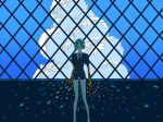  1other androgynous backlighting black_neckwear black_shorts blue_sky clouds cloudy_sky crystal_hair feet_out_of_frame gem_uniform_(houseki_no_kuni) golden_arms green_hair highres houseki_no_kuni looking_at_viewer necktie phosphophyllite puffy_short_sleeves puffy_sleeves sasakisasa27 short_hair short_shorts short_sleeves shorts sky solo sparkle wide_shot 