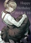  1girl 2018 asymmetrical_hair bangs black_dress black_gloves black_hairband brown_hair dangan_ronpa dated dress gloves green_eyes hair_over_one_eye hairband happy_birthday long_dress long_sleeves looking_at_viewer maid_headdress new_dangan_ronpa_v3 parted_bangs pinafore_dress pleated_dress purple_background sakuyu shirt short_hair solo toujou_kirumi twitter_username white_shirt 