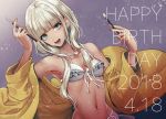  1girl 2018 :d bangs bikini blue_eyes blunt_bangs breasts cleavage collarbone dangan_ronpa dark_skin dated eyebrows_visible_through_hair frilled_bikini_top hair_over_shoulder happy_birthday holding_brush jewelry long_hair looking_at_viewer low_twintails navel necklace new_dangan_ronpa_v3 open_mouth sakuyu silver_hair small_breasts smile solo swimsuit twintails twitter_username upper_body white_bikini yonaga_angie 