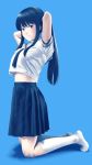  1girl absurdres adjusting_hair arms_behind_head arms_up black_hair blue_background blue_eyes blue_skirt from_side full_body highres kneehighs kneeling long_hair midriff original ponytail school_uniform serafuku shirt simple_background skirt smile solo tora_tsugumi white_legwear white_shirt 