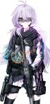  1girl ahoge assault_rifle black_legwear eyebrows_visible_through_hair flashlight glock goggles gun handgun heads-up_display highres holding holding_gun holding_weapon holster holstered_weapon load_bearing_equipment long_hair looking_at_viewer magazine_(weapon) military nurim original pistol purple_hair rifle thigh-highs thigh_holster trigger_discipline violet_eyes weapon weapon_request white_background 