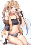  1girl :d absurdres ahoge arm_support bare_shoulders black_bra black_gloves black_panties blush bra breasts brown_hair brown_vest buttons candy character_name cleavage clothes_writing collarbone commentary_request fang fingerless_gloves food fur_trim girls_frontline gloves groin hand_up highres holding lollipop long_hair looking_at_viewer m870_(girls_frontline) medium_breasts navel open_mouth panties red_eyes short_sleeves sidelocks sitting smile solo stomach thick_eyebrows thighs twintails underwear vest zengi 