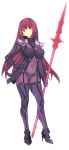  1girl :d agas armored_boots bodysuit boots breasts covered_navel covered_nipples fate/grand_order fate_(series) full_body hand_on_hip high_heels holding holding_spear holding_weapon long_hair mckeee open_mouth pauldrons polearm purple_hair red_eyes scathach_(fate)_(all) simple_background smile solo spear weapon white_background 