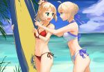  ahoge artoria_pendragon_(all) artoria_pendragon_(swimsuit_archer) bikini blue_ribbon blue_sky bracelet braided_bun breasts cleavage clouds collarbone cowboy_shot day eye_contact eyebrows_visible_through_hair fate/grand_order fate_(series) from_side green_eyes groin hair_ornament hair_ribbon hair_scrunchie hand_on_another&#039;s_shoulder jewelry looking_at_another mordred_(fate)_(all) mordred_(swimsuit_rider)_(fate) navel ocean open_mouth outdoors ponytail red_bikini red_scrunchie ribbon scrunchie side-tie_bikini sky small_breasts swimsuit touru_10ru 