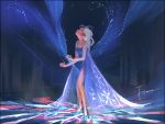  1girl bare_legs blue_dress clenched_hands closed_eyes commentary commentary_request copyright_name disney dress elsa_(frozen) english_commentary expressionless frozen_(disney) full_body gori_matsu long_dress mixed-language_commentary profile solo standing white_hair wind wind_lift 