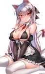 1girl animal_ears apron between_breasts between_legs bikini_top black_bikini_top blush breasts cat_ears cat_tail cleavage closed_mouth detached_collar detached_sleeves eyebrows_visible_through_hair frill_trim girls_frontline hair_between_eyes hair_ornament hair_ribbon hairclip hand_between_legs highres iws-2000_(girls_frontline) kemonomimi_mode large_breasts looking_at_viewer necktie necktie_between_breasts painteen red_eyes ribbon sidelocks silver_hair simple_background sitting skirt solo tail tail_ribbon thigh-highs underbust waist_apron wariza white_background white_legwear 