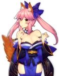  1girl animal_ears bangs bare_shoulders blue_bow blue_kimono blush bow breasts cleavage closed_mouth fate/extra fate_(series) fox_ears fox_girl fox_tail hair_between_eyes hair_bow japanese_clothes kimono large_breasts long_hair looking_at_viewer mckeee obi pelvic_curtain pink_hair sash sidelocks simple_background smile solo tail tamamo_(fate)_(all) tamamo_no_mae_(fate) twintails white_background wide_sleeves yellow_eyes 