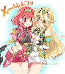  2girls armor bangs bare_shoulders blonde_hair blush breasts cleavage dress dual_persona earrings elbow_gloves eromame fingerless_gloves gem gloves hair_ornament headpiece heart mythra_(xenoblade) pyra_(xenoblade) jewelry large_breasts long_hair looking_at_viewer multiple_girls nintendo red_eyes red_shorts redhead selfcest short_hair short_shorts shorts smile swept_bangs tiara very_long_hair white_dress xenoblade_(series) xenoblade_2 yellow_eyes yuri 