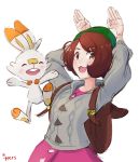  1girl animal_ears bag blush brown_eyes brown_hair bunny_pose creature creatures_(company) female_protagonist_(pokemon_swsh) game_freak gen_8_pokemon green_hat happy hat highres ippers looking_at_viewer nintendo open_mouth pokemon pokemon_(creature) pokemon_(game) pokemon_swsh rabbit rabbit_ears scorbunny short_hair simple_background smile tam_o&#039;_shanter white_background 