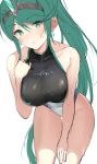  absurdres bare_shoulders bent_over breasts commentary covered_collarbone covered_navel cowboy_shot earrings english_commentary eyebrows_visible_through_hair green_eyes green_hair hairband hand_on_own_chest hand_on_own_thigh highres jewelry large_breasts long_hair looking_at_viewer nintendo one-piece_swimsuit ormille pneuma_(xenoblade) simple_background swimsuit very_long_hair wet wet_hair white_background xenoblade_(series) 