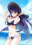  1girl :d bikini black_bikini black_bow black_hat blue_eyes blue_sky bow breasts choker cleavage clouds cross cross_necklace day earrings eyebrows_visible_through_hair fate/grand_order fate_(series) floating_hair frilled_bikini_bottom groin hands_on_headwear hat jewelry large_breasts long_hair looking_at_viewer navel necklace ocean open_mouth outdoors purple_hair saint_martha saint_martha_(swimsuit_ruler)_(fate) sakuragi_akira signature sky smile solo standing sun_hat swimsuit very_long_hair 