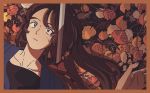  1girl autumn_leaves black_shirt border brown_border brown_hair commentary_request cuts expressionless highres injury leaf long_hair lying on_back original portrait red_eyes sasakisasa27 shirt solo sword weapon 