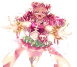  1girl :d clover_earrings crop_top cure_yell double_bun floating_hair flower getsuyoubi hair_flower hair_ornament hair_ribbon heart heart_hair_ornament highres hugtto!_precure layered_skirt long_hair looking_at_viewer midriff miniskirt nono_hana open_mouth outstretched_arms pink_hair pink_ribbon pink_skirt pleated_skirt precure red_ribbon ribbon see-through simple_background skirt smile solo standing stomach thigh-highs white_background white_flower white_legwear wrist_cuffs 