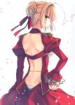  1girl absurdres ahoge ass backless_outfit bangs blonde_hair braided_bun butt_crack eyebrows_visible_through_hair fate/extra fate_(series) from_behind green_eyes hair_ribbon hand_on_hip highres long_sleeves looking_at_viewer looking_back nero_claudius_(fate) nero_claudius_(fate)_(all) parted_lips red_ribbon red_skirt red_sleeves ribbon short_hair shrug_(clothing) skirt solo standing toosaka_asagi white_background 