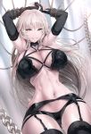 1girl ahoge bangs black_garter_belt black_garter_straps black_lingerie breasts chains cleavage commentary_request curtains fate/grand_order fate_(series) garter_belt garter_straps grin highres inner_sideboob jeanne_d&#039;arc_(alter)_(fate) jeanne_d&#039;arc_(fate) jeanne_d&#039;arc_(fate)_(all) lace lace-trimmed_bra lace-trimmed_garter_belt lace-trimmed_lingerie lace-trimmed_thighhighs lace_trim large_breasts limeblock lingerie long_hair navel o-ring o-ring_top silver_hair smile solo thigh-highs thighs tsurime underwear yellow_eyes