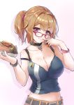  1girl alternate_costume alternate_hairstyle belt bespectacled bracelet breasts brown_hair choker cleavage cowboy_shot finger_to_mouth food girls_frontline glasses grizzly_mkv_(girls_frontline) hamburger highres jewelry large_breasts midriff navel peace_symbol potato_tacos short_ponytail shorts solo tank_top violet_eyes 