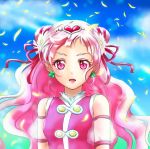  1girl blue_sky blurry blurry_background clouds cure_yell day detached_sleeves double_bun hair_ornament hair_ribbon heart heart_hair_ornament hugtto!_precure long_hair looking_at_viewer nono_hana open_mouth outdoors petals pink_eyes pink_hair precure red_ribbon ribbon see-through short_sleeves sky solo upper_body wal---dg7sdr-0128 