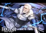  1boy aiden_the_holy_sword armor beard blue_eyes blue_gloves braid copyright_name dual_wielding electricity facial_hair fantasy fur_trim gloves highres holding male_focus mustache old_man pixiv_fantasia_last_saga serious shoulder_armor side_braid solo spaulders sword upper_body weapon white_hair 