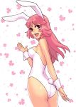  1girl :d animal_ears ass bare_shoulders breasts bunny_girl bunny_tail bunnysuit clover kishiba_yuusuke leotard long_hair looking_at_viewer looking_back medium_breasts open_mouth original pink_hair rabbit rabbit_ears red_eyes simple_background smile solo standing tail white_leotard wrist_cuffs 