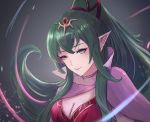  1girl bracelet cape chiki dress fire_emblem fire_emblem:_kakusei fire_emblem:_mystery_of_the_emblem fire_emblem_heroes garter_straps green_eyes green_hair hair_ornament jewelry leonmandala long_hair mamkute nintendo pink_dress pointy_ears ponytail red_dress short_dress side_slit smile solo strapless strapless_dress thigh-highs tiara 