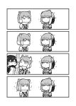  3girls alternate_hairstyle animal_ears bangs bird_wings breast_pocket collared_shirt comic eyebrows_visible_through_hair fox_ears fur_collar gentoo_penguin_(kemono_friends) greyscale hair_brush head_wings highres kemono_friends kotobuki_(tiny_life) long_hair monochrome multiple_girls necktie pocket shiny shiny_hair shirt shoebill_(kemono_friends) short_hair short_sleeves tibetan_sand_fox_(kemono_friends) translation_request uniform wings 