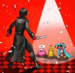  ! 1boy 1girl absurdres amamiya_ren arm_up atlus black_footwear black_hair black_pants boots btmr_game creatures_(company) game_freak gen_1_pokemon gloves hal_laboratory_inc. highres hoshi_no_kirby inkling kirby kirby_(series) knife nintendo pants persona persona_5 pikachu pokemon pokemon_(creature) pokemon_(game) red_background red_gloves simple_background sora_(company) splatoon splatoon_(series) splatoon_1 spotlight super_smash_bros. super_smash_bros._ultimate surprised tile_floor tiles trench_coat 