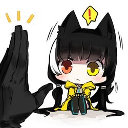  ! 2girls animal_ears bangs black_gloves black_hair chibi dog_ears girls_frontline gloves heterochromia long_hair m16a1_(girls_frontline) minigirl multicolored_hair multiple_girls red_eyes ro635_(girls_frontline) spoken_exclamation_mark streaked_hair thigh-highs u_nagidon white_background white_hair yellow_eyes 