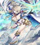  1girl bangs bikini blonde_hair blue_bikini blue_eyes boots bradamante_(fate/grand_order) braid breasts cleavage crown_braid elbow_gloves fate/grand_order fate_(series) faulds gloves hair_between_eyes jacket_on_shoulders knee_boots kousaki_rui large_breasts long_hair looking_at_viewer open_mouth outstretched_arm solo swimsuit thigh_strap thighs twintails two-tone_bikini very_long_hair white_bikini white_coat white_footwear 