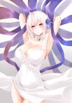  1girl absurdres alternate_costume armpits arms_behind_head azur_lane bangs blush breasts choker cleavage commentary_request dress eyebrows_visible_through_hair gem hair_between_eyes highres jewelry large_breasts long_hair necklace red_eyes sirius_(azur_lane) surota thighs white_dress white_hair 