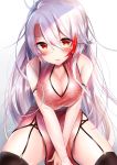  1girl antenna_hair azur_lane bangs between_legs black_legwear blush breasts brown_eyes china_dress chinese_clothes cleavage cleavage_cutout closed_mouth dress eyebrows_visible_through_hair garter_straps hair_between_eyes hand_between_legs highres large_breasts long_hair looking_at_viewer multicolored_hair prinz_eugen_(azur_lane) red_dress redhead sidelocks silver_hair simple_background sitting skindentation smile solo streaked_hair thigh-highs touwa_iyo two_side_up very_long_hair white_background 