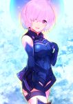  1girl :d absurdres armored_leotard blue_gloves blue_leotard breasts breasts_apart cowboy_shot elbow_gloves fate/grand_order fate_(series) gloves hair_over_one_eye highres huge_filesize leotard looking_at_viewer mash_kyrielight medium_breasts open_mouth pink_hair shiny shiny_clothes short_hair smile solo standing tarbo_(exxxpiation) thigh_strap violet_eyes 